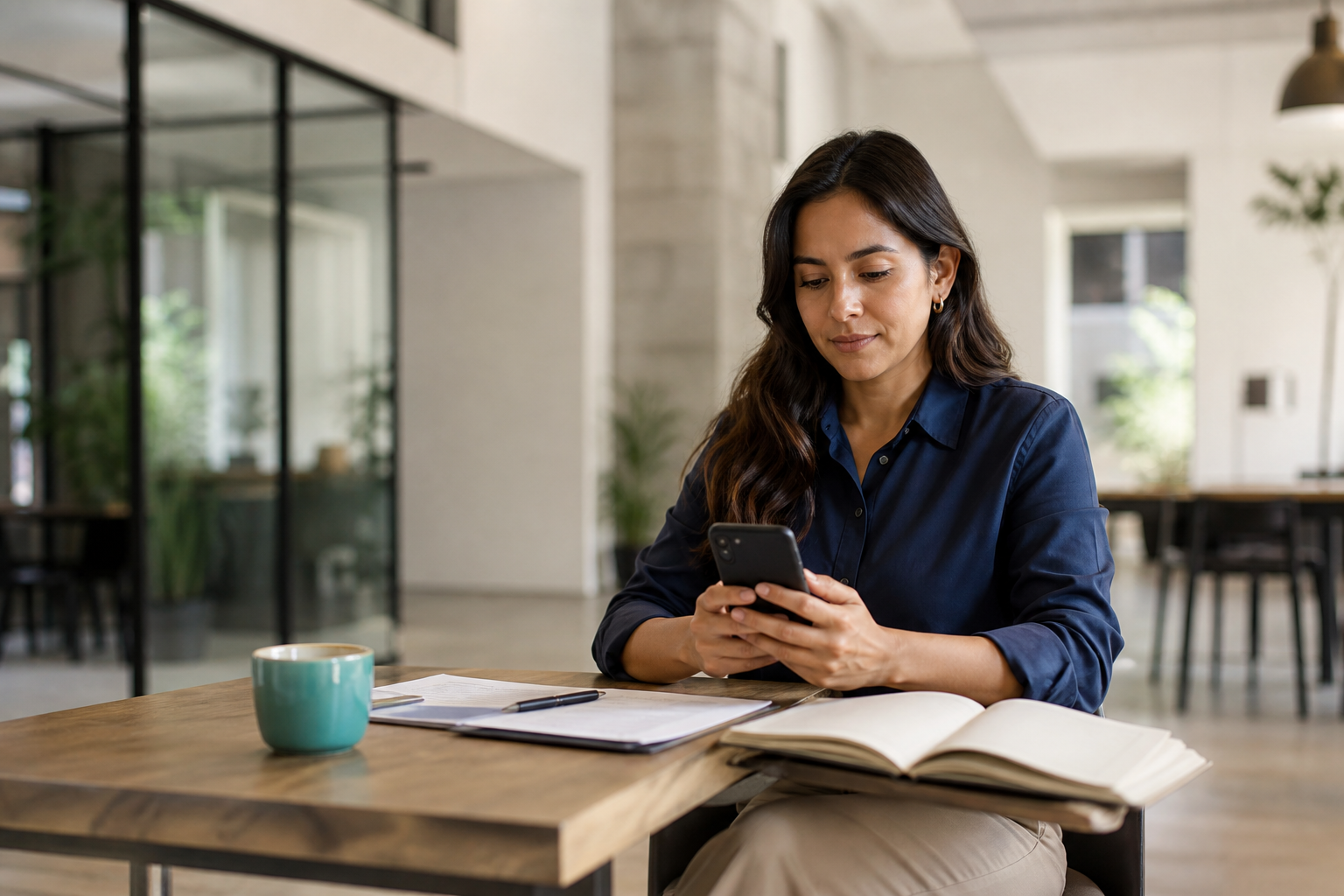 Professional using her phone in a contemporary workplace