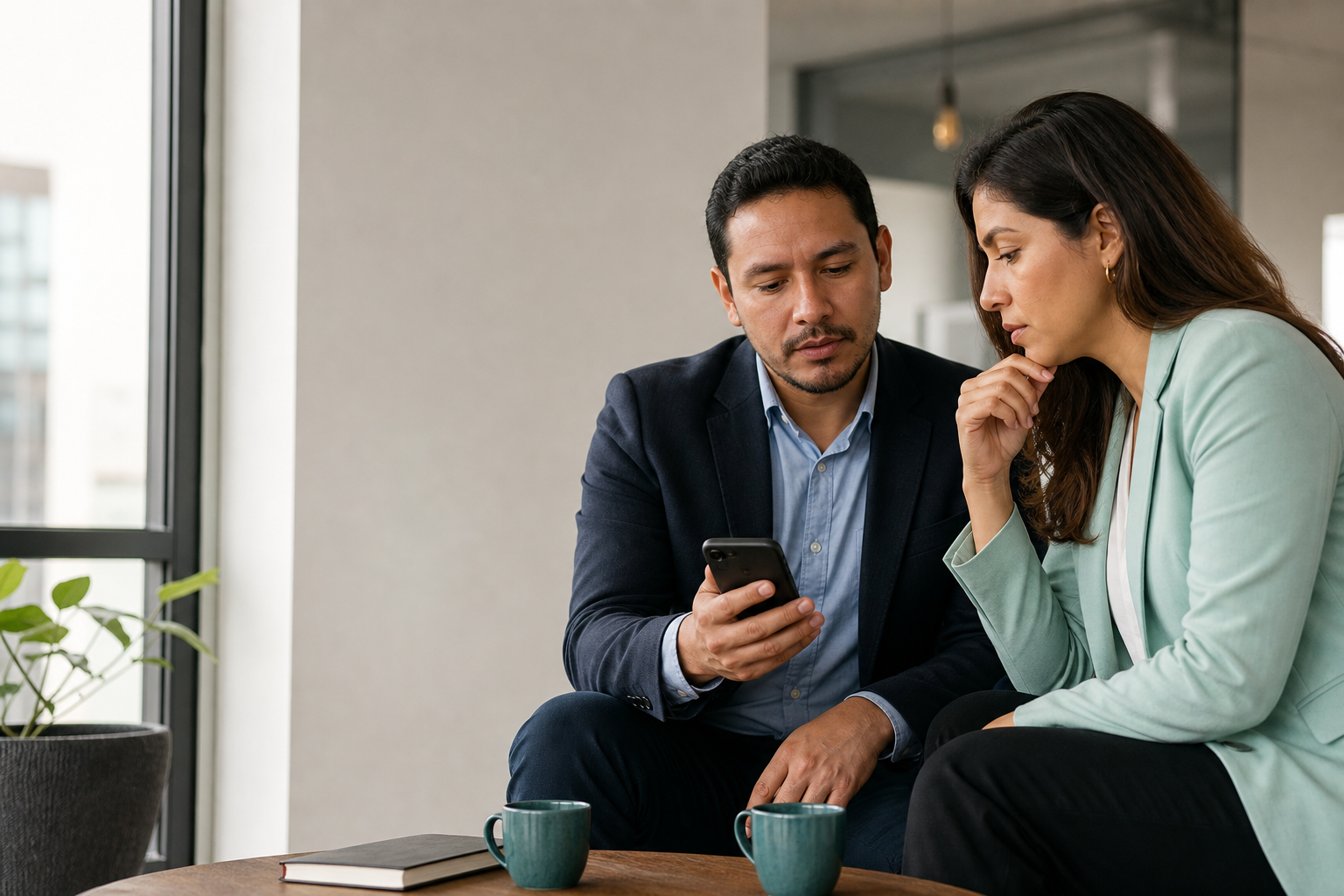 Two professionals reviewing a conversation and making a decision